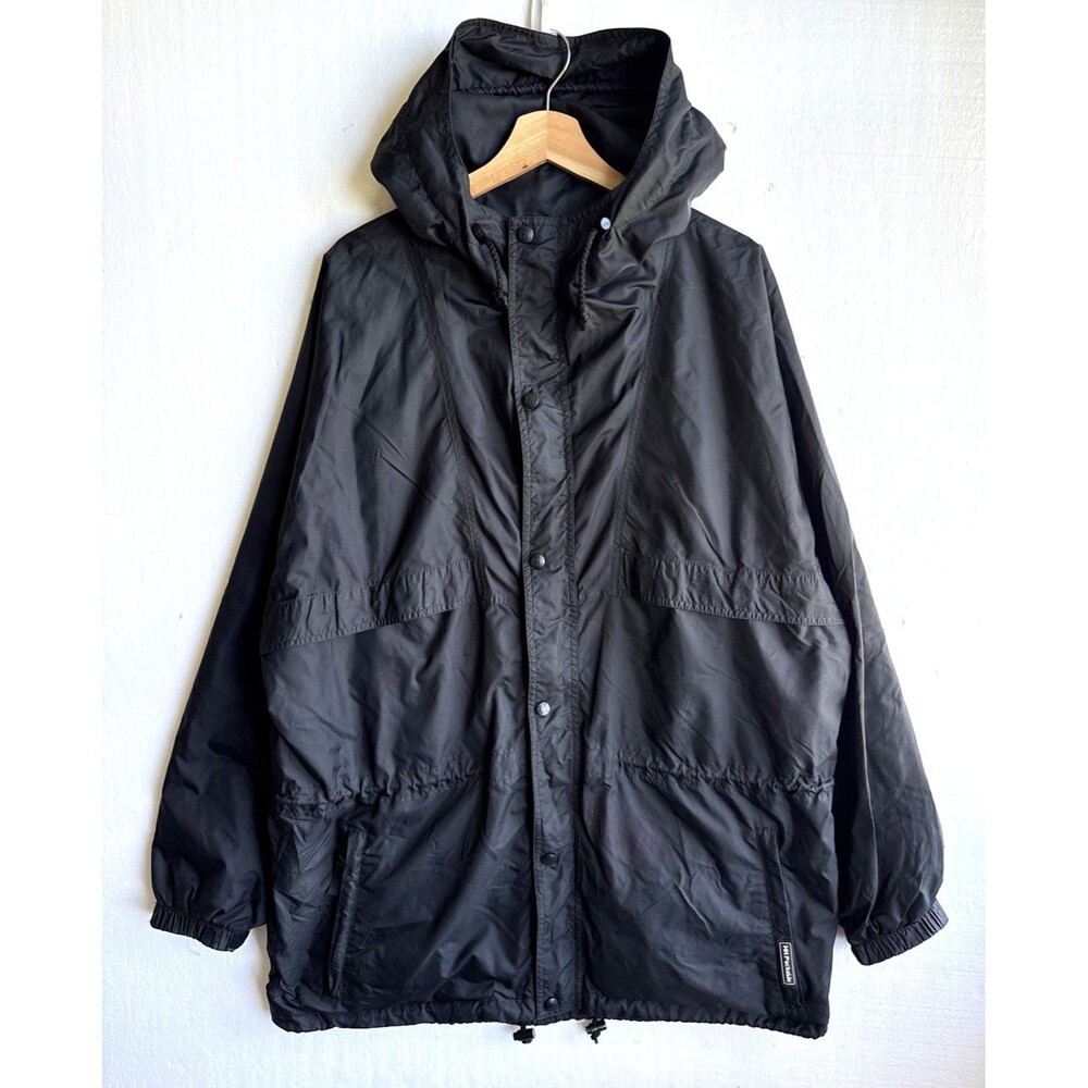 VTG Helly Hansen Mens Large Black Packable Rain Jacket Hooded Windbreaker Y2K